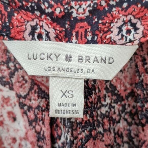 Lucky Brand Peasant Blouse Red Geometric Boho 70s Influenced Retro Button XS - Picture 5 of 8